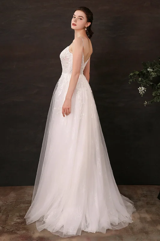 A-Line Sweep-Brush Train Lace Tulle Wedding Dress CW2684