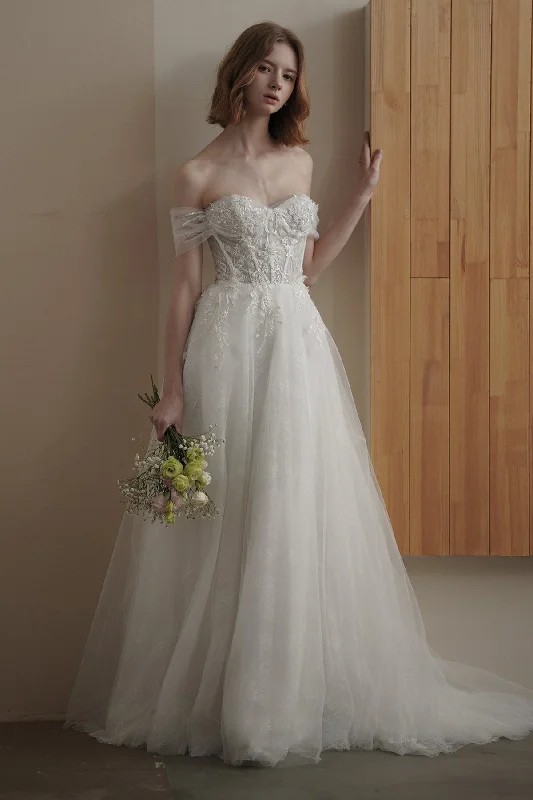 A-Line Sweep-Brush Train Lace Tulle Wedding Dress CW3094