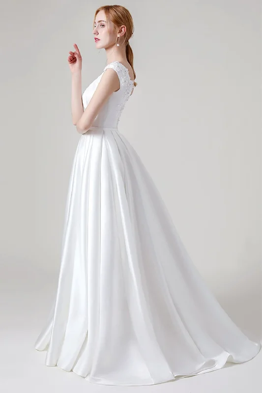 A-Line Sweep-Brush Train Satin Wedding Dress CW2959