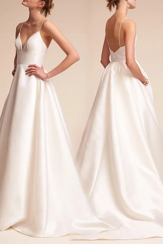 A-Line Sweep-Brush Train Satin Wedding Dress CW3112