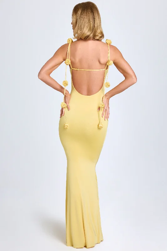 Slinky Jersey Floral-Appliqué Gown in Pastel Yellow