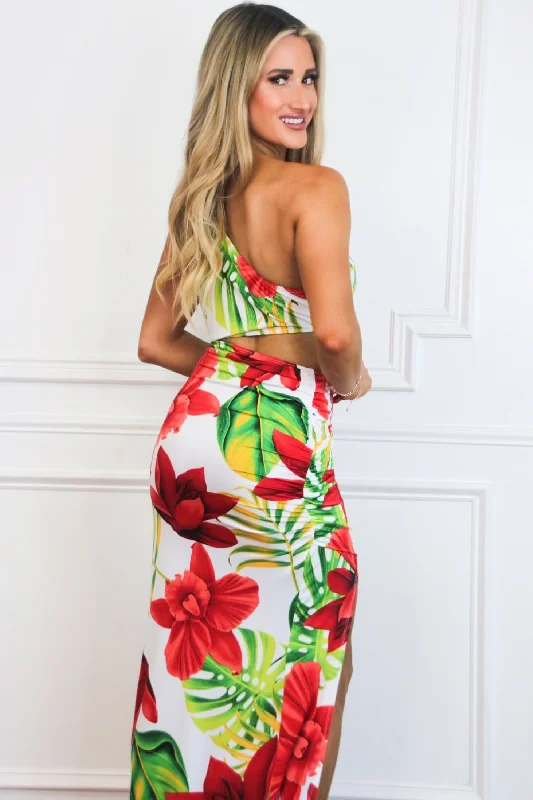 Ava Cutout One Shoulder Maxi Dress: HAWAIIAN WHITE/RED FLORAL