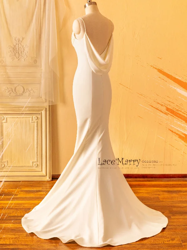 BRITA / Plain Wedding Dress with Draped Design Neckline and Back