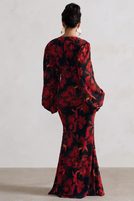 Casarile | Red Floral Print V-Neck Balloon Sleeve Maxi Dress