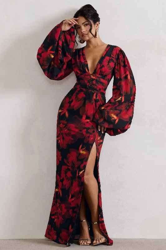 Casarile | Red Floral Print V-Neck Balloon Sleeve Maxi Dress