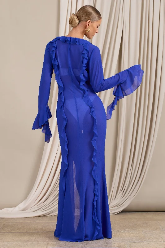 Cascades | Blue Long Sleeve Maxi Chiffon Ruffle Cover Up