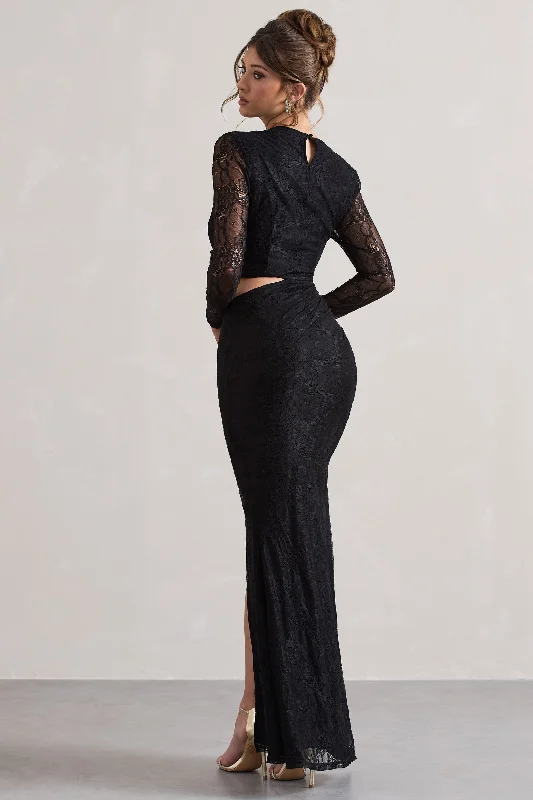 Chantilly | Black Lace Asymmetric Cut-Out Draped Maxi Dress