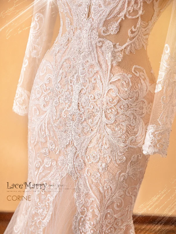 CORINE / Lace Wedding Dress with Illusion Slit on the Skirt