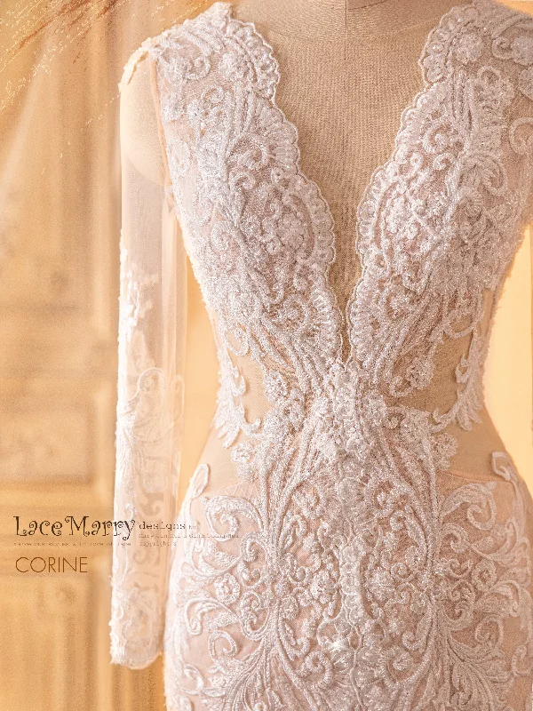 CORINE / Lace Wedding Dress with Illusion Slit on the Skirt