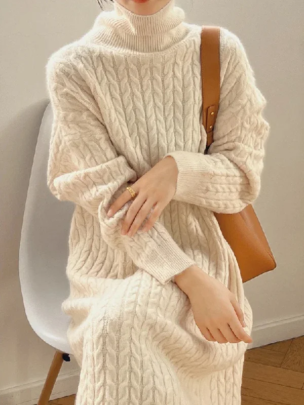 Knitted Long Dress Women Long Sleeve Turtleneck Pullover Sweater Dress