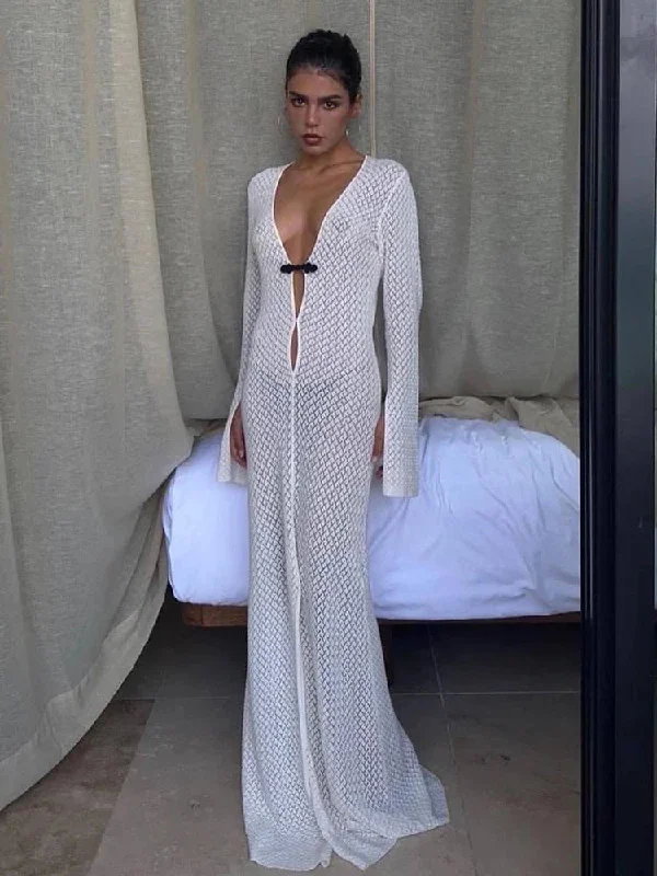 Summer Beach Long Dress Women Hollow Out Sexy White V-Neck Split Dress