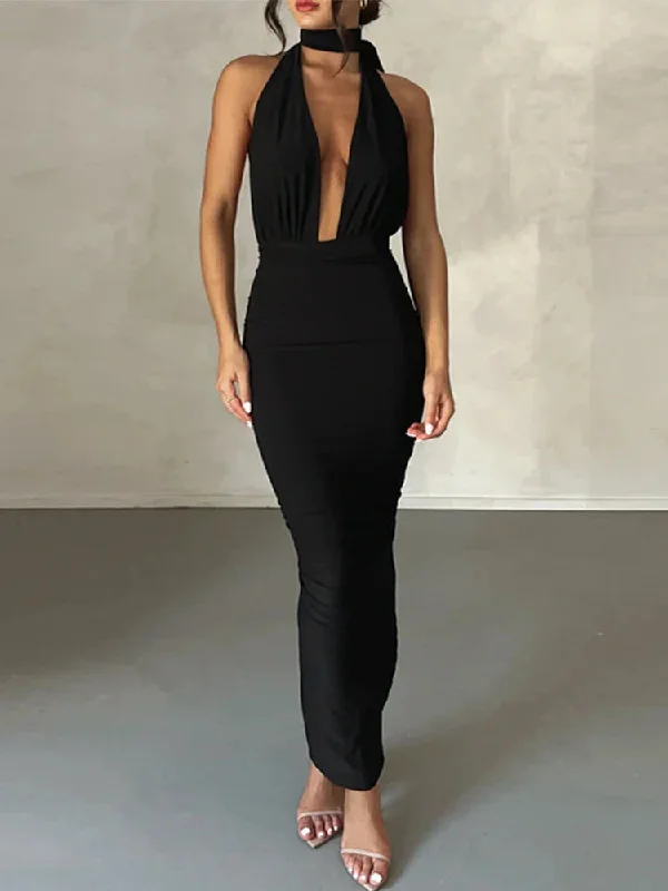 Long Deep V Neck Slim Bandage Bodycon Backless Nightclub Sexy Party Maxi Dress