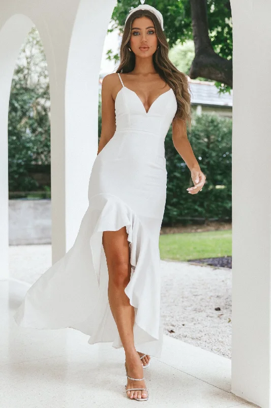 Darlene Front Split Flounce Hem Maxi Dress White