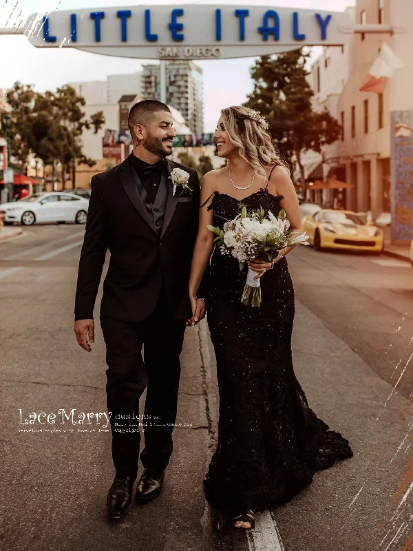 ELI / Sparkling Black Wedding Dress with Thin Straps