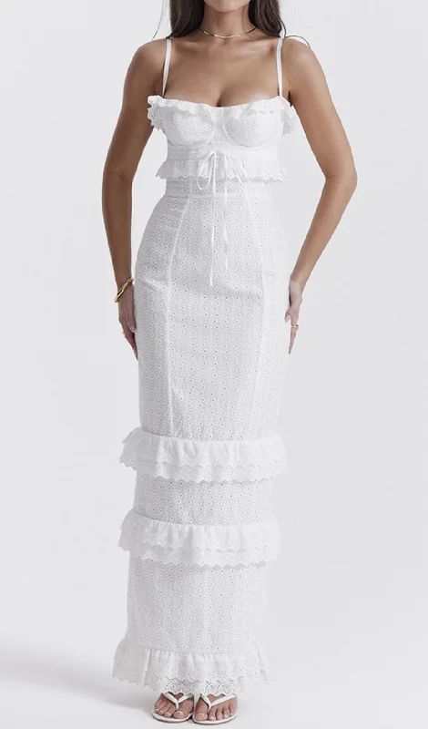 EYELET LACE RUFFLE MAXI DRESS IN WHITE