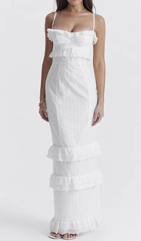 EYELET LACE RUFFLE MAXI DRESS IN WHITE