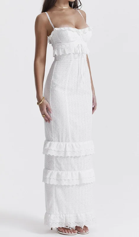 EYELET LACE RUFFLE MAXI DRESS IN WHITE