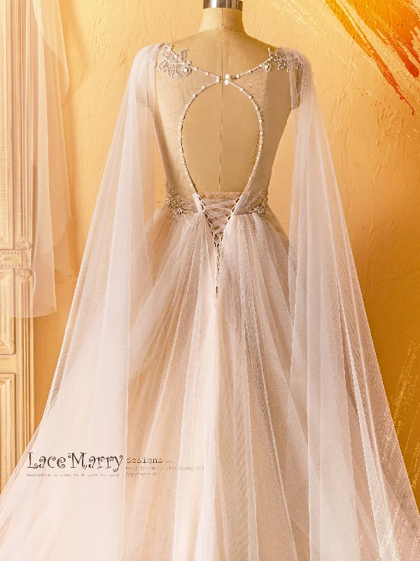 SAFFI / Fairytale Design Wedding Dress with Angel Like Cape Wings