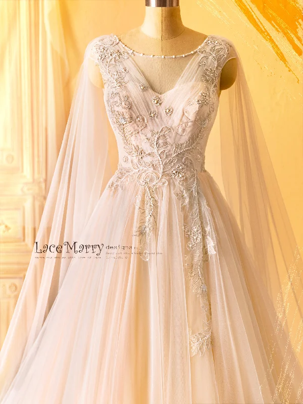 SAFFI / Fairytale Design Wedding Dress with Angel Like Cape Wings