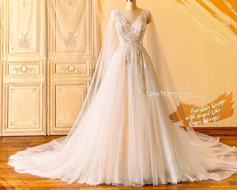 SAFFI / Fairytale Design Wedding Dress with Angel Like Cape Wings