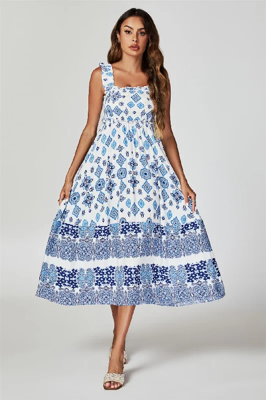 FS Collection Blue Border Print Hem Detail Tiered Maxi Dress In White