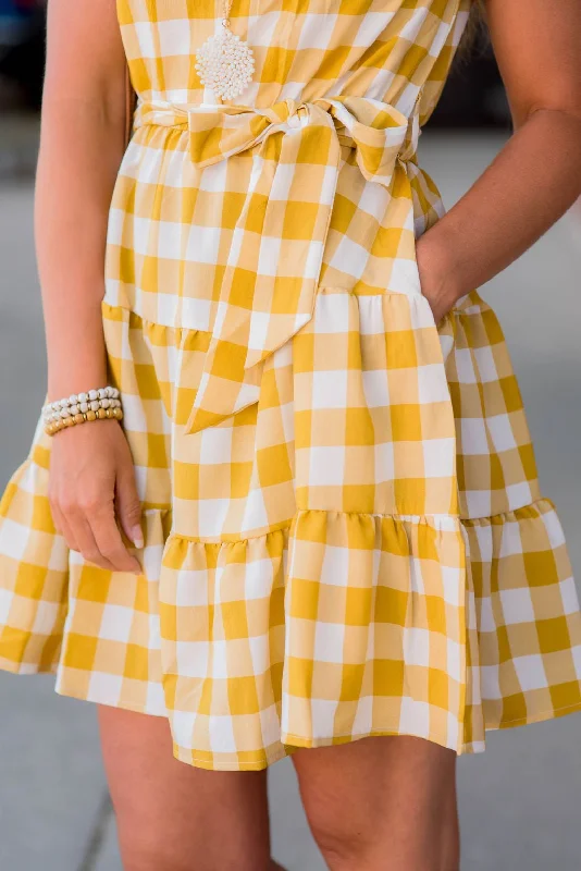 Gingham Tiered Ruffle Trim Dress