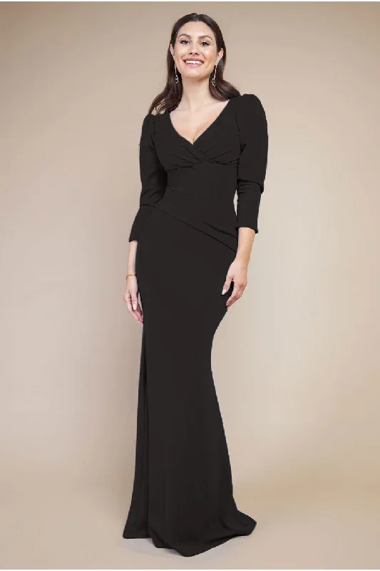 Goddiva Front Wrap Pleated Scuba Maxi Dress - Black