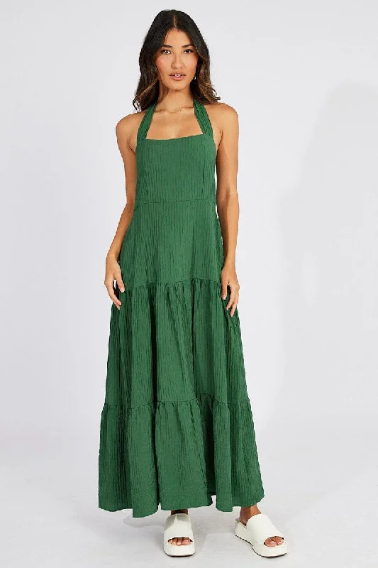 Green Maxi Dress Square Neck Tiered