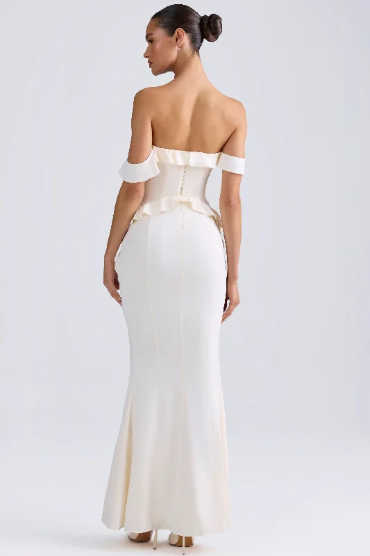 Off-Shoulder Ruffle-Trim Gown in Ivory