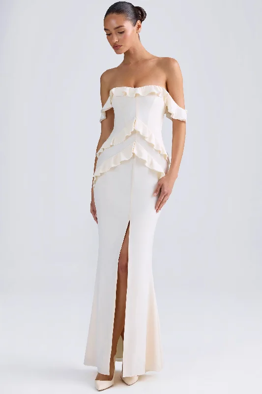 Off-Shoulder Ruffle-Trim Gown in Ivory