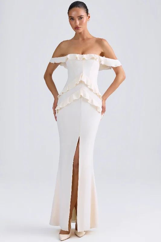 Off-Shoulder Ruffle-Trim Gown in Ivory