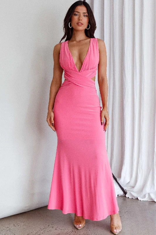 High Life Plunging Neckline Maxi Dress Hot Pink