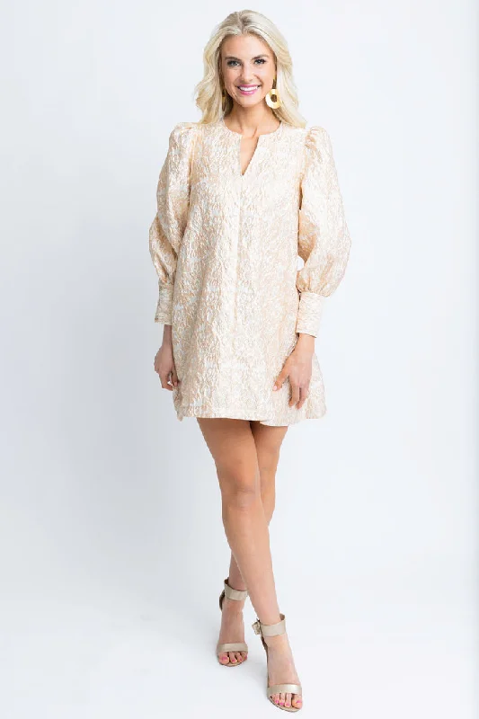 Jacquard Puff Sleeve Vneck Dress