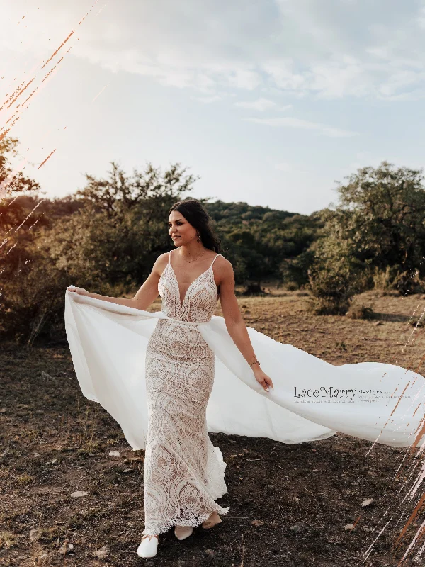 KAILEY / Lace Boho Wedding Dress with Deep V Neck