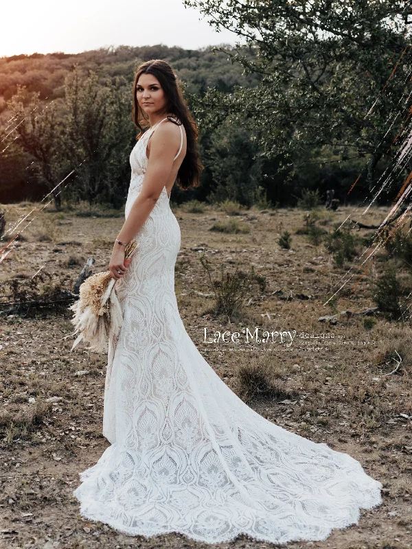 KAILEY / Lace Boho Wedding Dress with Deep V Neck