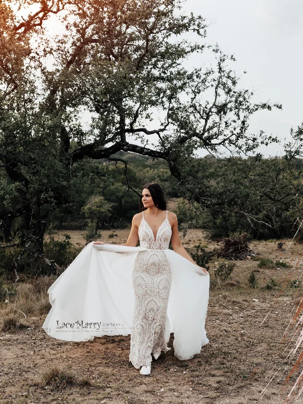 KAILEY / Lace Boho Wedding Dress with Deep V Neck