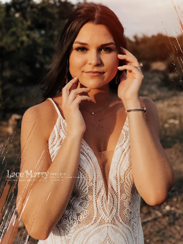 KAILEY / Lace Boho Wedding Dress with Deep V Neck