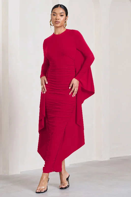 Keva | Red Long Sleeve Ruched Maxi Dress with Cape Detailing