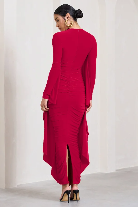 Keva | Red Long Sleeve Ruched Maxi Dress with Cape Detailing