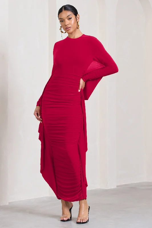 Keva | Red Long Sleeve Ruched Maxi Dress with Cape Detailing