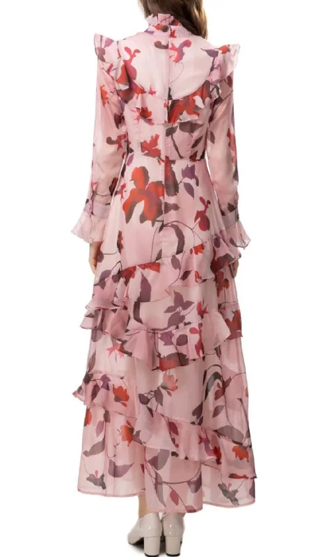 LONG SLEEVE RUFFLE-TRIMMED FORAL SILK MAXI DRESS