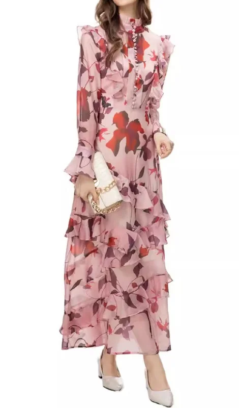 LONG SLEEVE RUFFLE-TRIMMED FORAL SILK MAXI DRESS