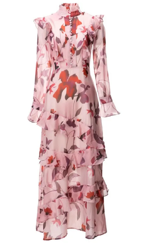 LONG SLEEVE RUFFLE-TRIMMED FORAL SILK MAXI DRESS