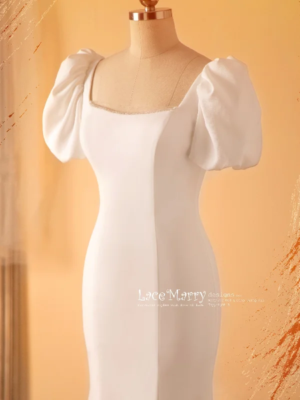 MADIA / Square Neckline Wedding Dress with Short Puff Sleeves