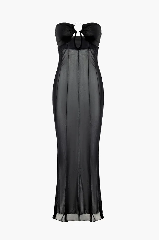 Sheer Ring Detail Strapless Maxi Dress