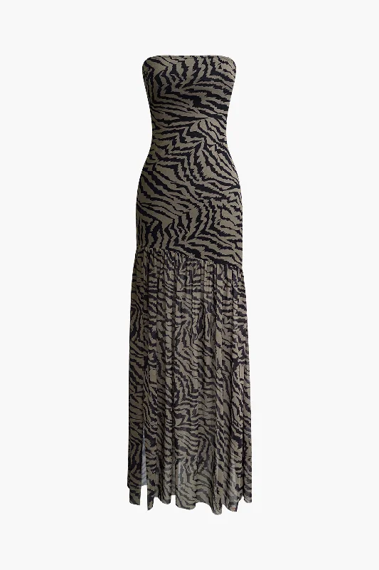 Tiger Print Slit Strapless Maxi Dress