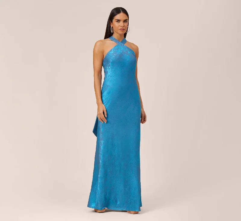 Metallic Chiffon Halter Gown In Ocean Dream