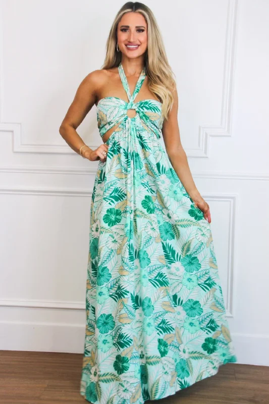 On Vacay Time Halter Cutout Floral Maxi Dress: Light Blue/Green