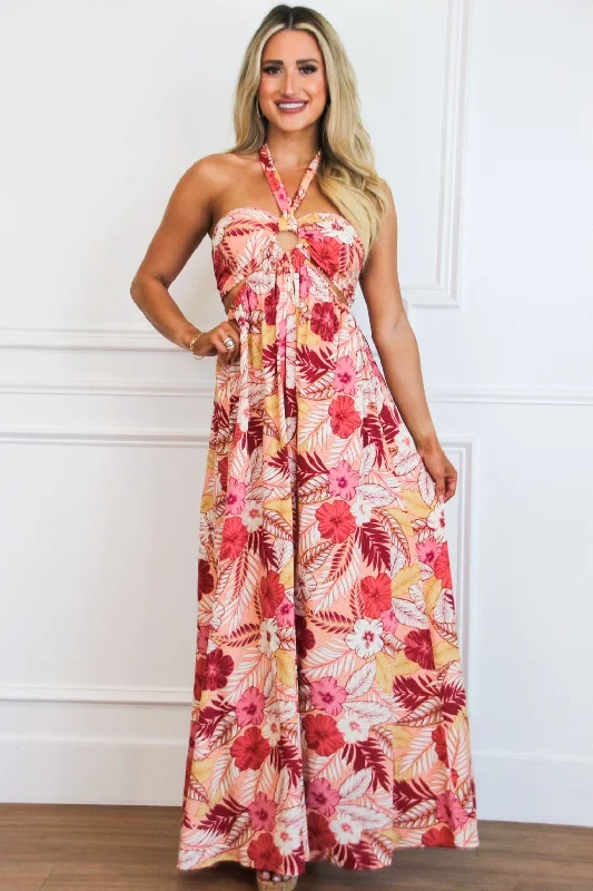 On Vacay Time Halter Cutout Floral Maxi Dress: Peach/Red Multi