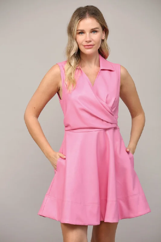 Pink Faux Leather Wrap Dress